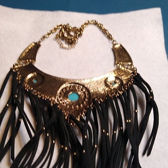 Bohemian Gold and Black Fringe Necklace Three Cabochons circled Rhinestones - Picture 8 of 8